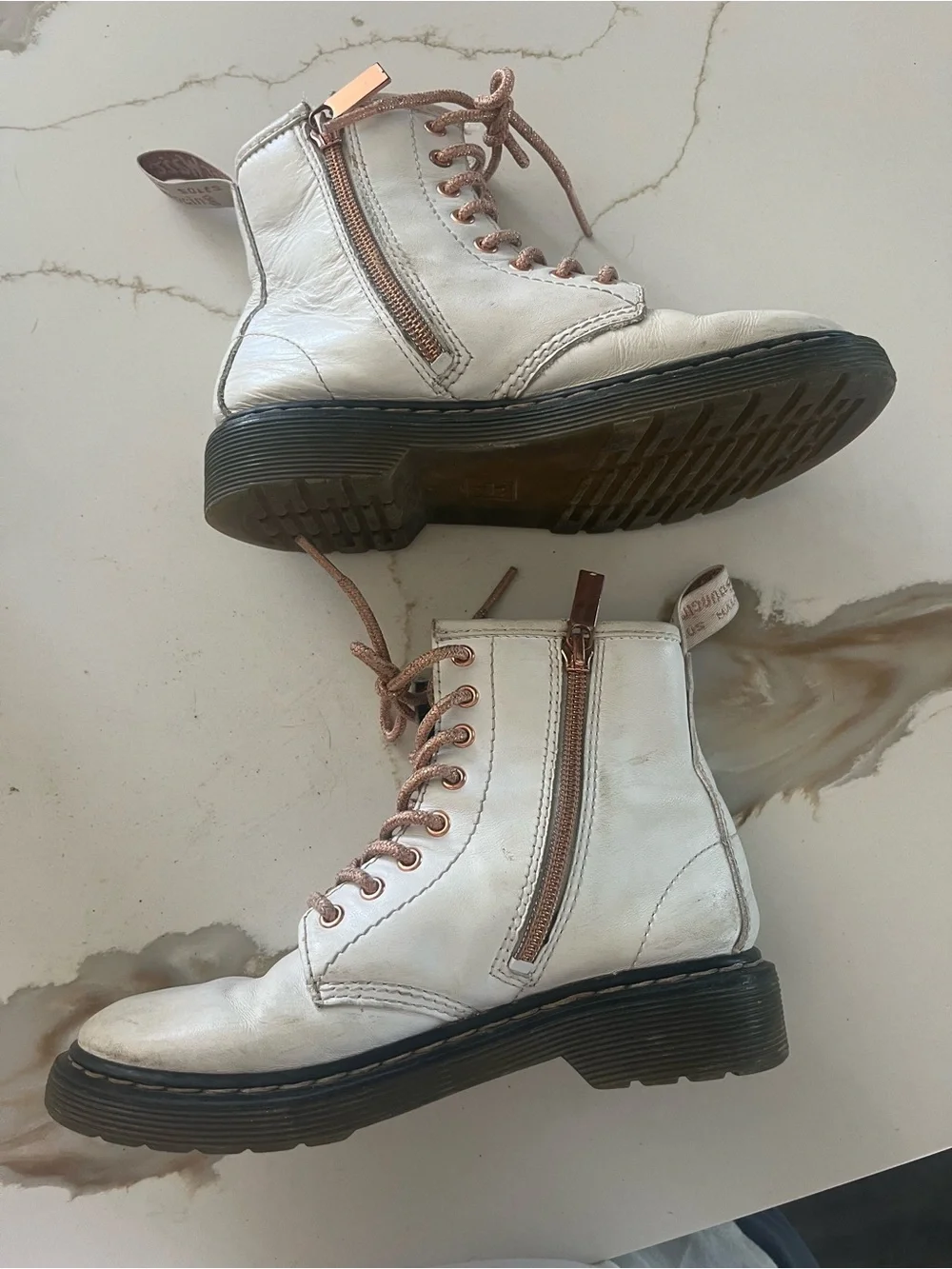 Dr. Martens Kids White Boots with Rose Gold Laces